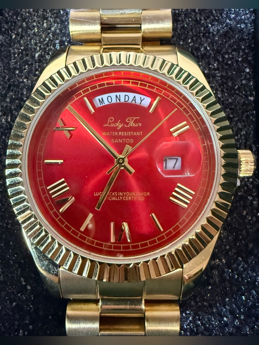 Lucky Fours Santos Gold Crimson Red Dial Gold Watch Brand New Box